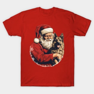 Merry Christmas Retro Santa Claus Hug German Shepherd Puppy T-Shirt